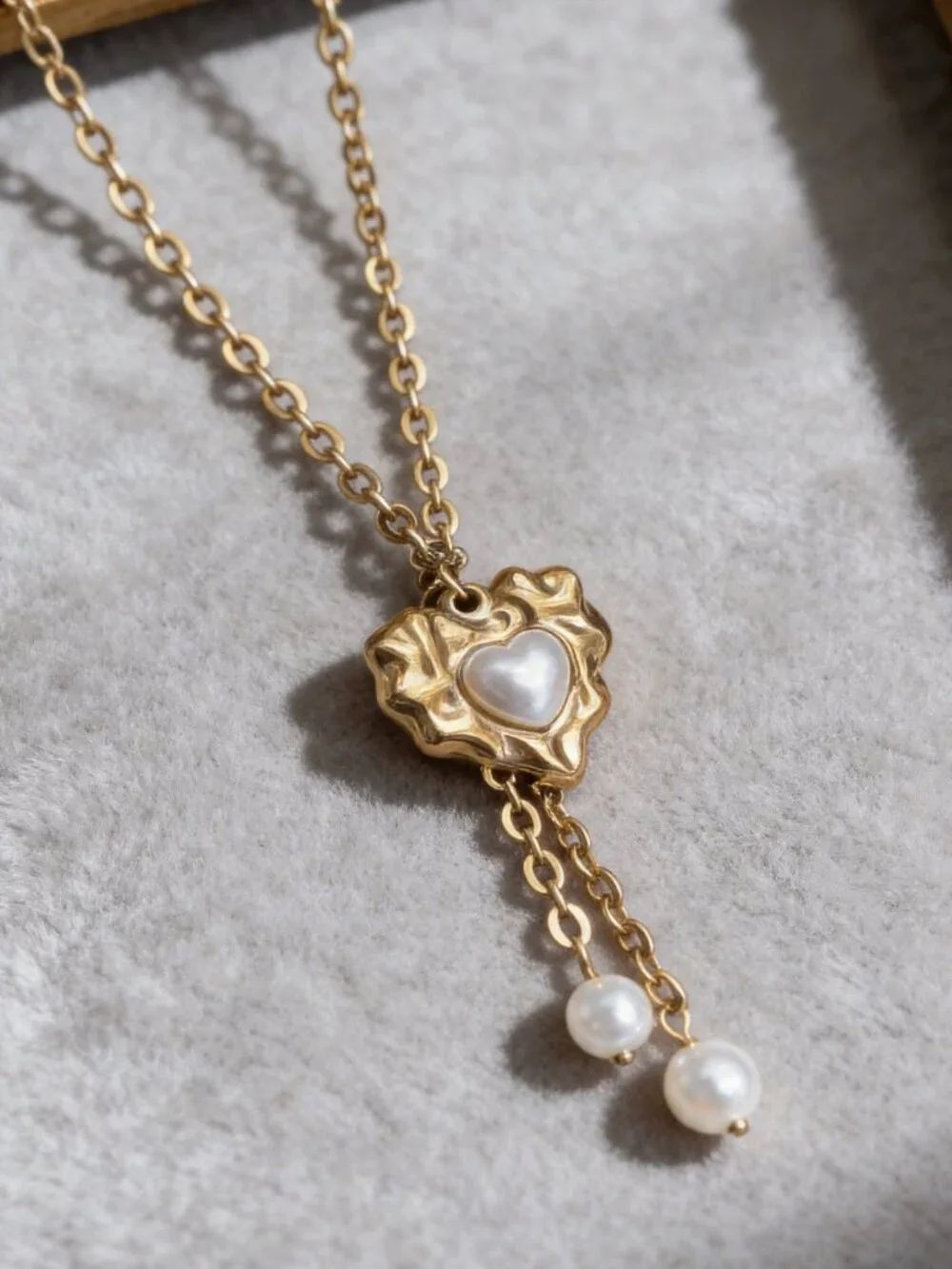 Gold Heart Pearl Drop Necklace Stainless Steel - Picture 1 of 13